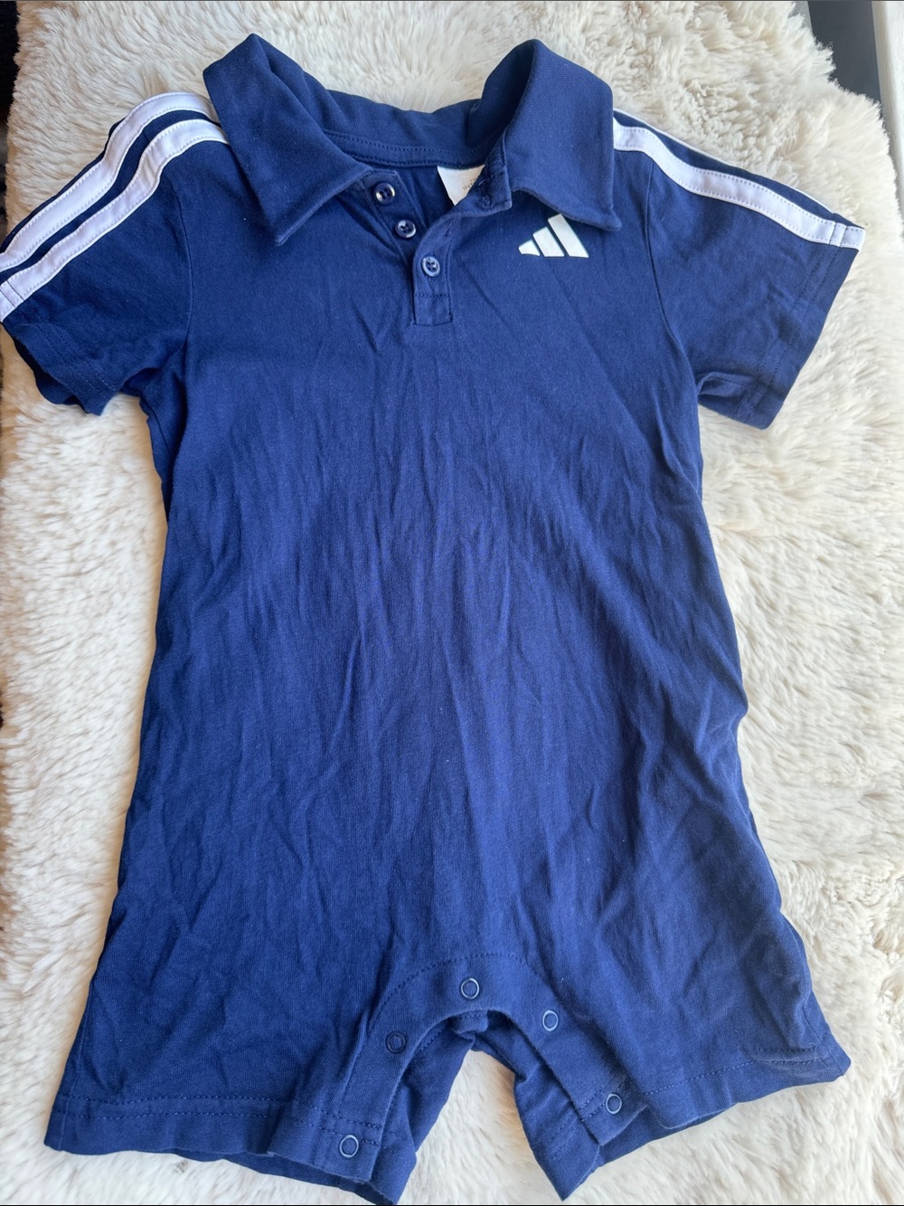 adidas 18mos Navy Blue Polo-Style Baby Romper with White Stripes